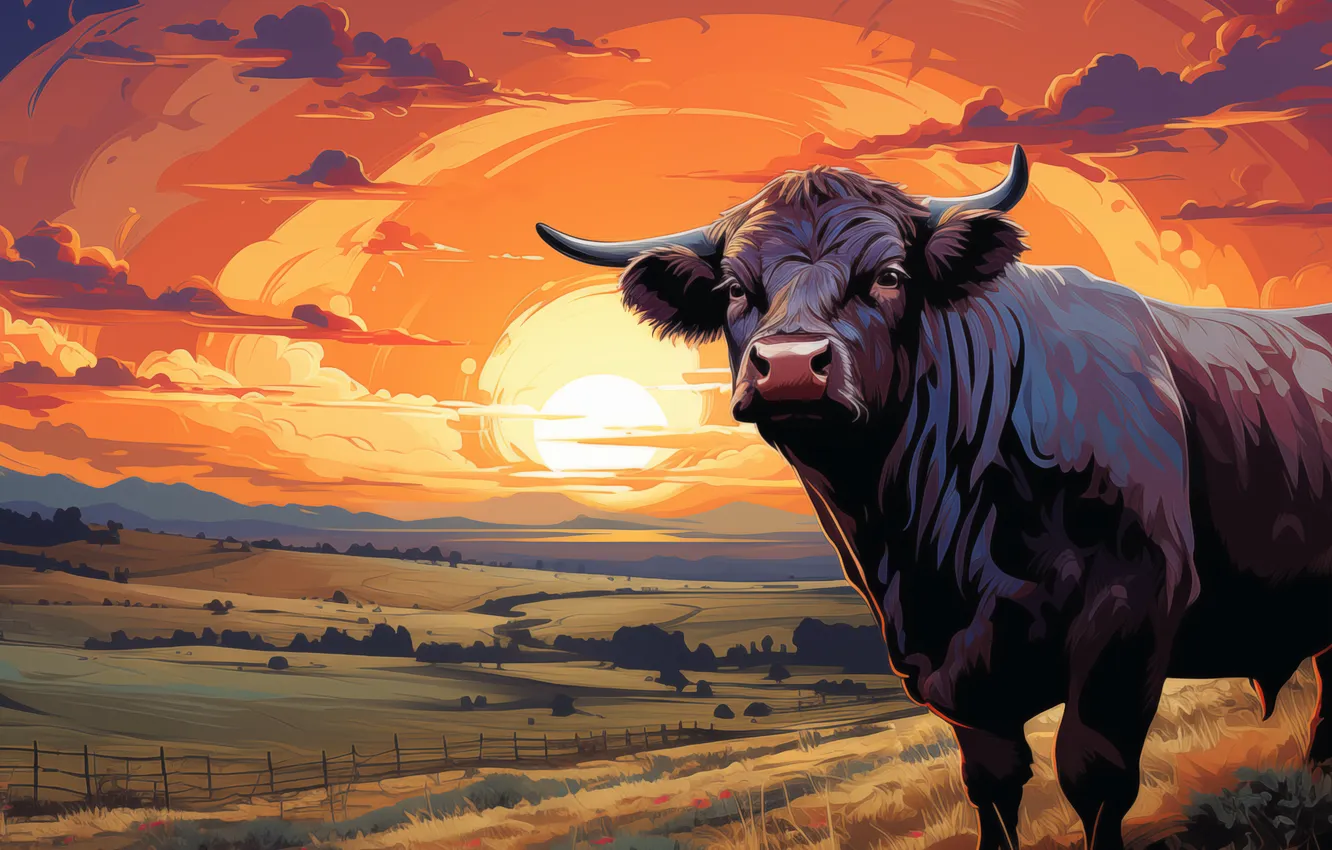 Photo wallpaper the sun, dawn, bull, digital art, AI art, The Art of Artificial Intelligence, neural network