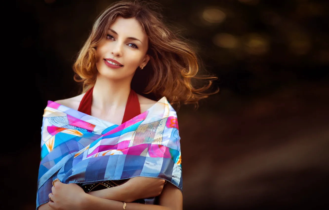 Photo wallpaper girl, decoration, smile, earrings, makeup, bracelet, brown hair, shawl