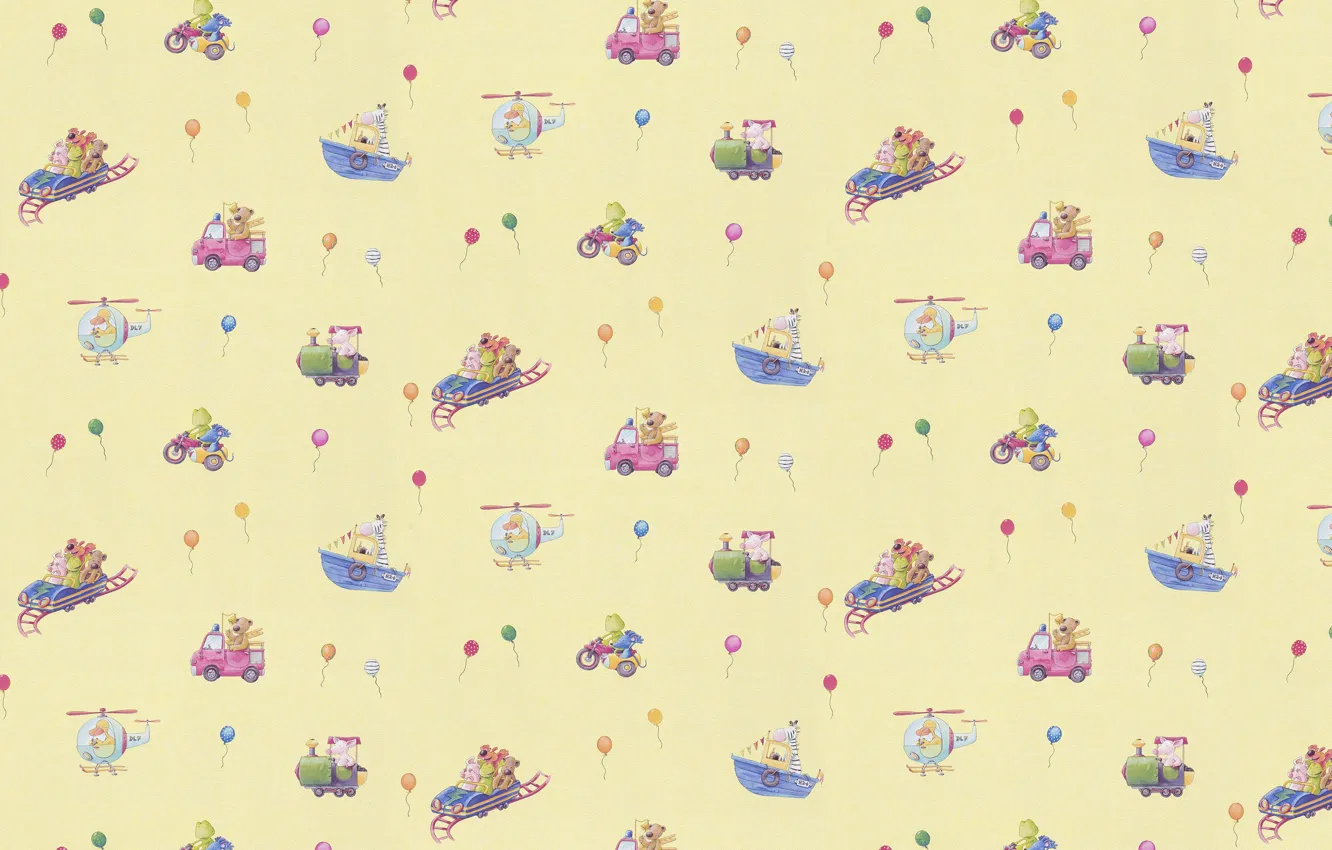 Photo wallpaper balls, background, toy, figure, art, helicopter, train, boat