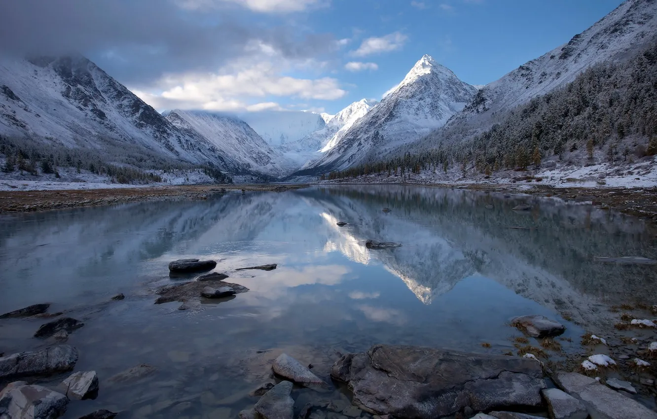 Photo wallpaper snow, lake, burns