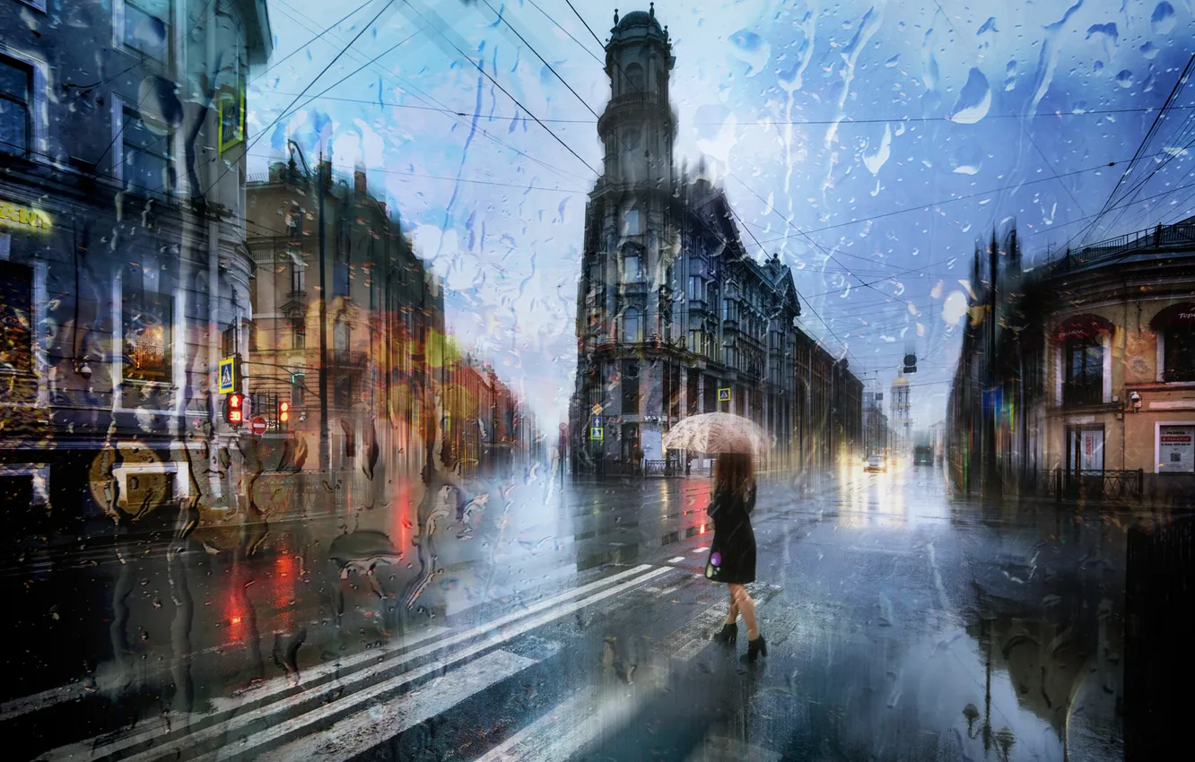 Photo wallpaper road, glass, girl, drops, the city, rain, building, home