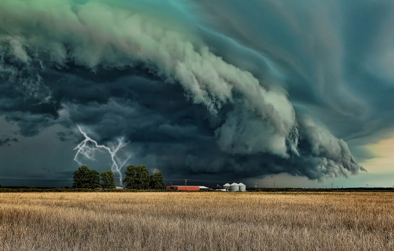 Photo wallpaper the storm, field, the sky, landscape, clouds, nature, rain, lightning
