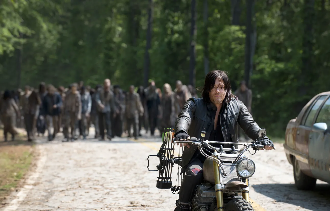 Photo wallpaper road, forest, zombies, bike, The Walking Dead, The walking dead, Norman Reedus, Daryl