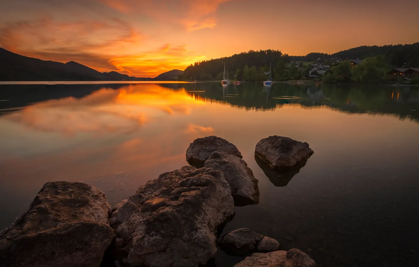 Photo wallpaper forest, the sky, clouds, sunset, reflection, stones, shore, boat