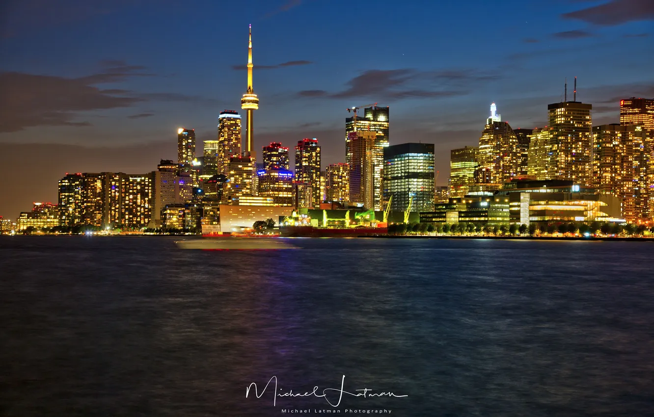 Photo wallpaper water, night, the city, lights, skyscrapers, Canada, Toronto, Canada