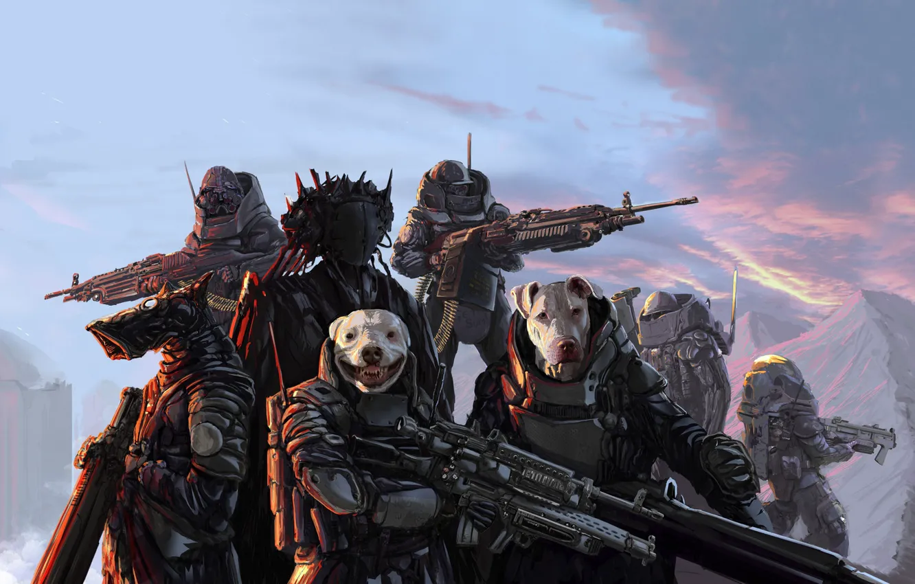 Photo wallpaper party, science fiction, dogs, Illustration, Hunters, Characters, Cyberpunk, Nahuel Gabriel Dimarco Bustos