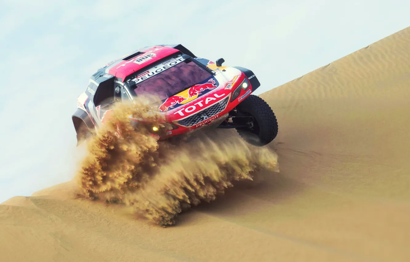 Photo wallpaper Sand, Auto, Race, Peugeot, Lights, Red Bull, 308, Rally