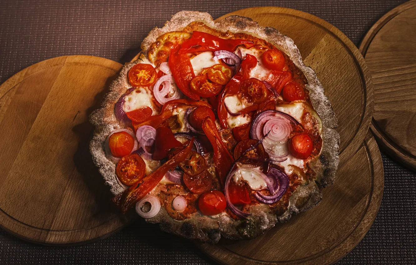 Photo wallpaper cheese, bow, pepper, vegetables, pizza, tomatoes, stand, vegetable
