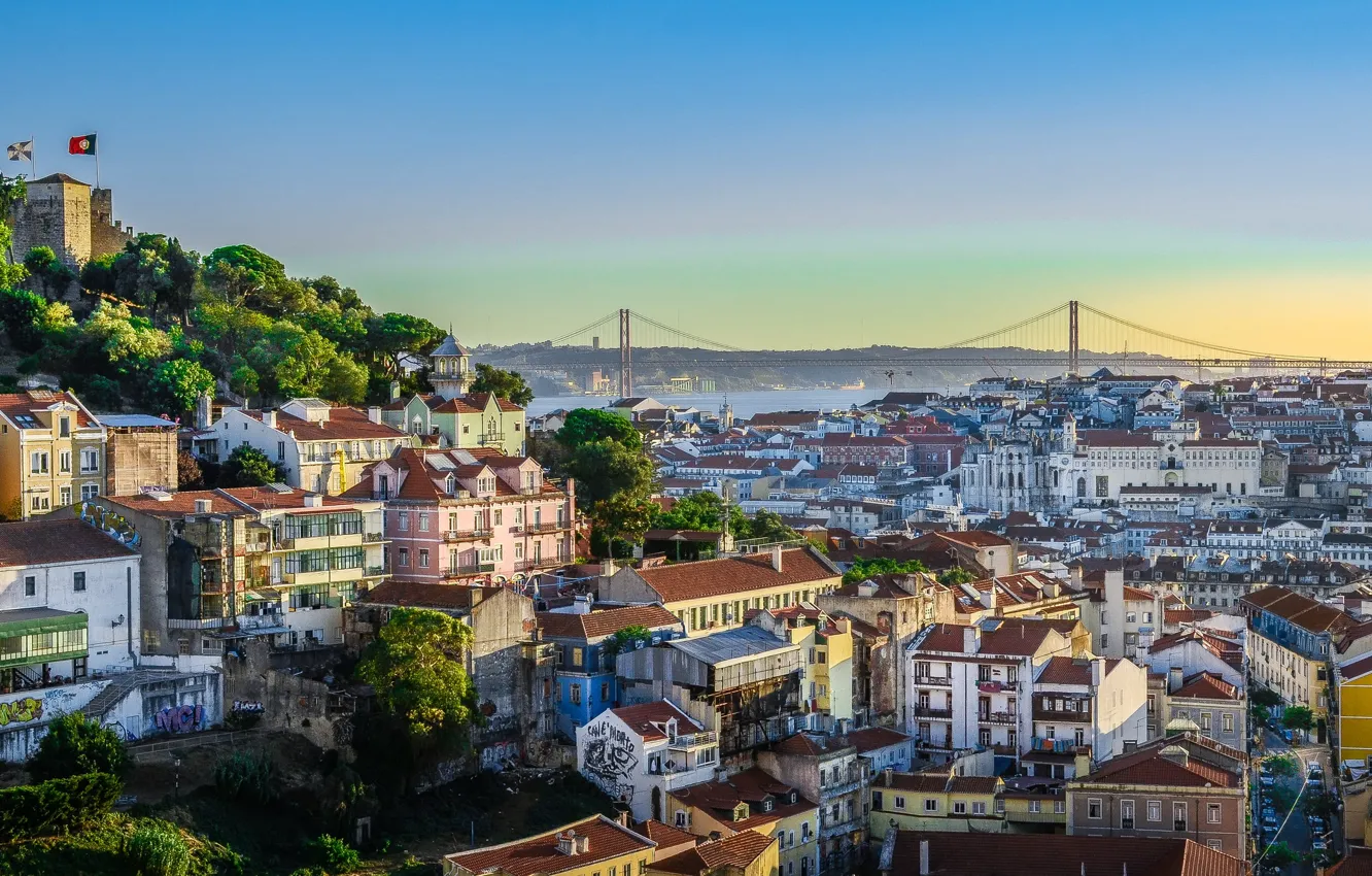 Photo wallpaper roof, the sky, bridge, river, dawn, home, Portugal, Lisbon