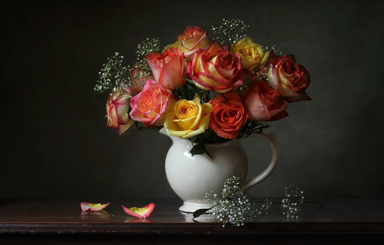 Photo wallpaper background, roses, bouquet, petals, pitcher, gypsophila