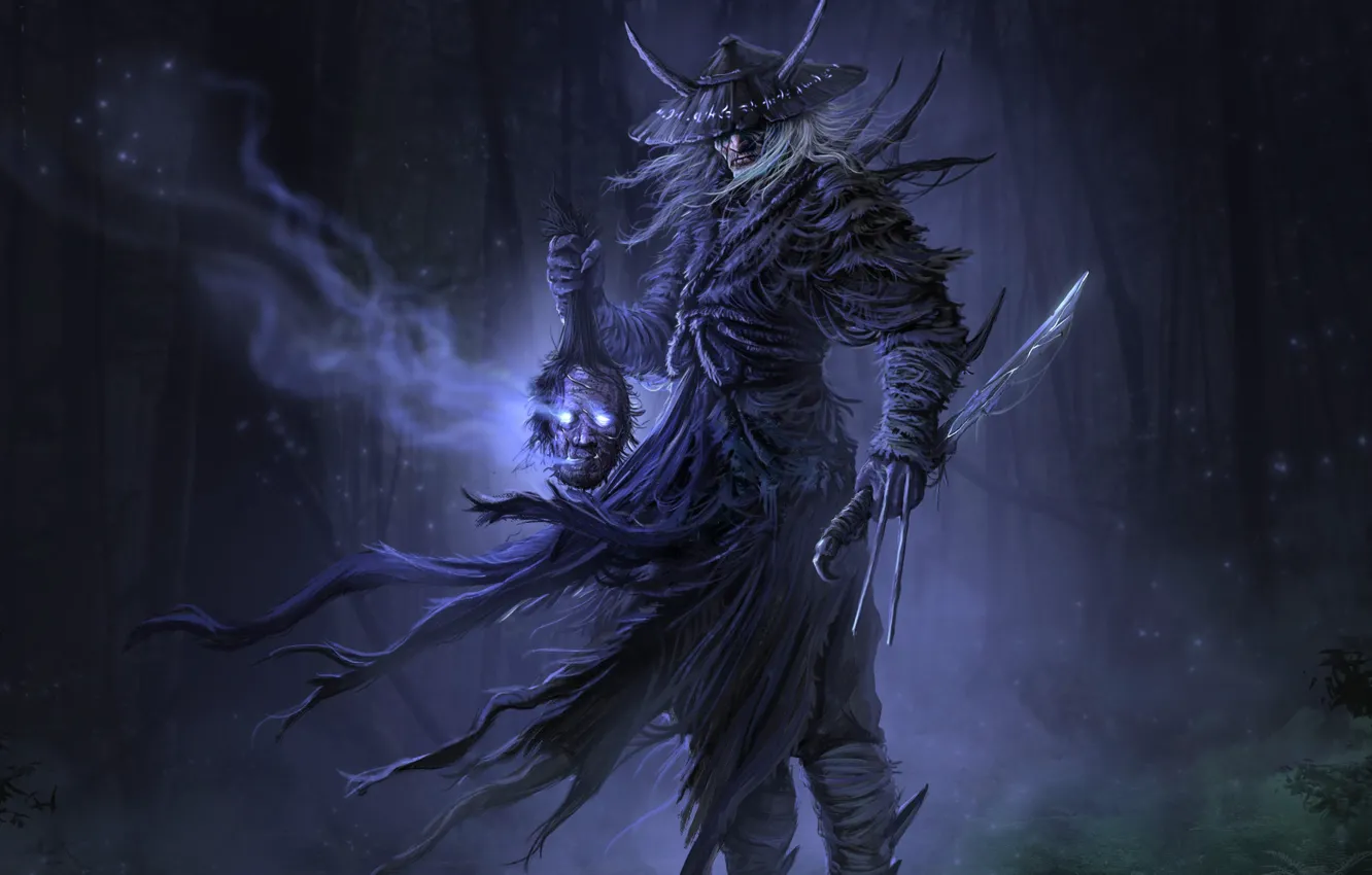 Photo wallpaper forest, night, weapons, fiction, darkness, head, the demon, dagger