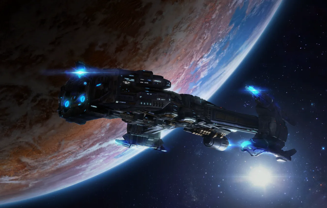 Photo wallpaper space, planet, starcraft, spaceship, cruiser, strategy, Terran, remastered