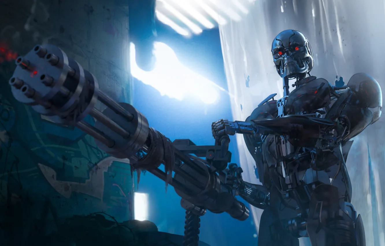 Photo wallpaper fiction, cyborg, Terminator, T-800, minigun
