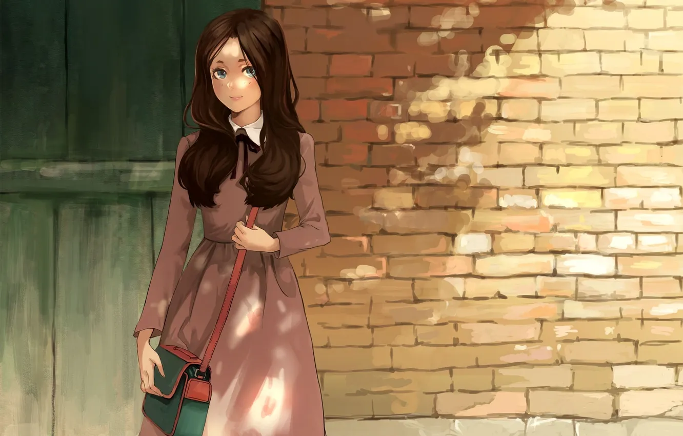 Photo wallpaper girl, smile, wall, street, brick, art, bag, nothing