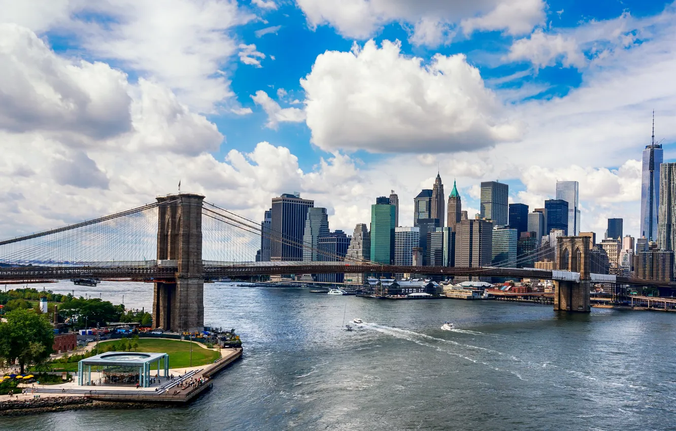 Photo wallpaper clouds, landscape, bridge, coast, New York, skyscrapers, Bay, USA