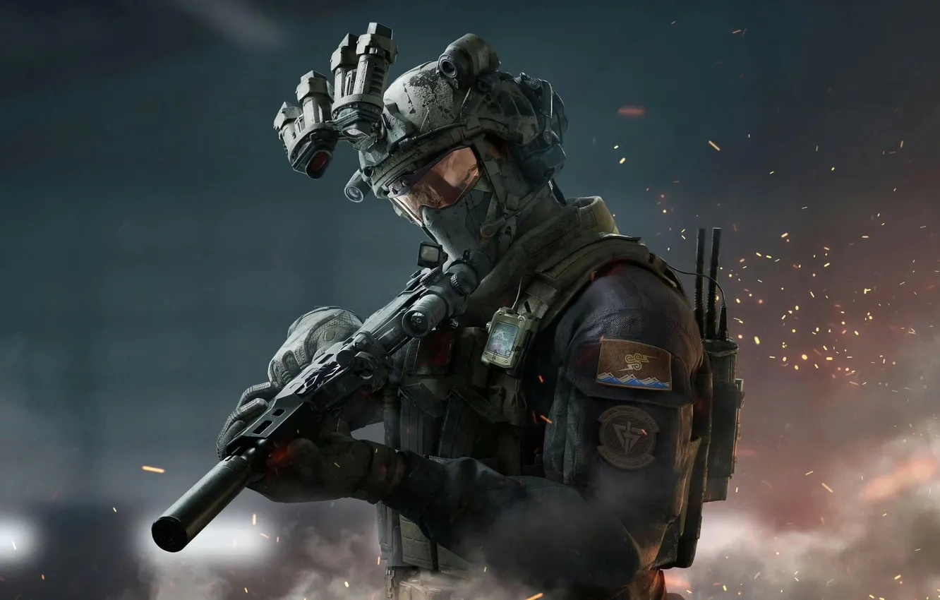 Photo wallpaper fire, flame, game, soldier, power, man, rifle, mask