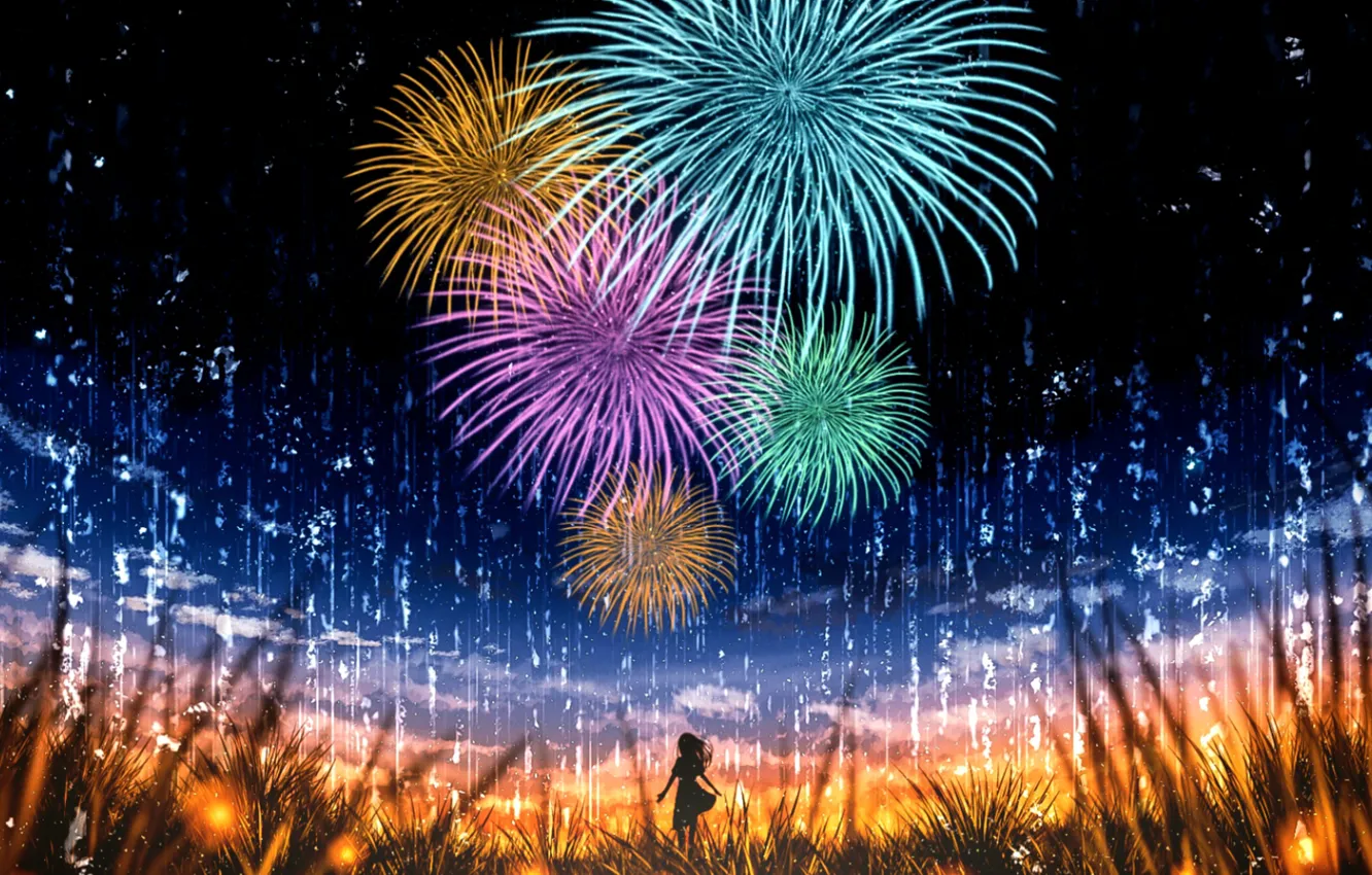 Photo wallpaper the sky, girl, night, nature, fireworks