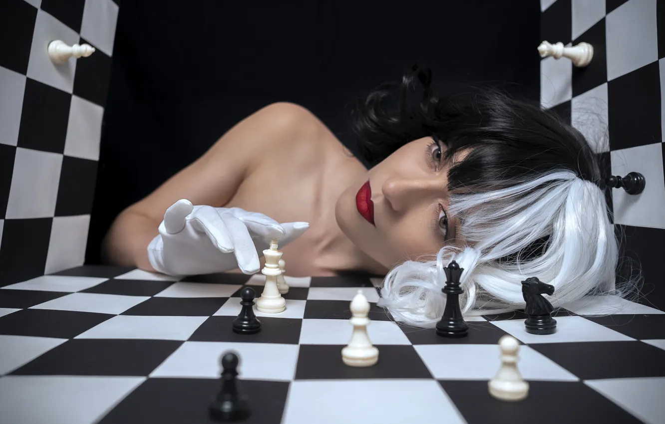 Photo wallpaper look, girl, face, space, pose, style, makeup, chess
