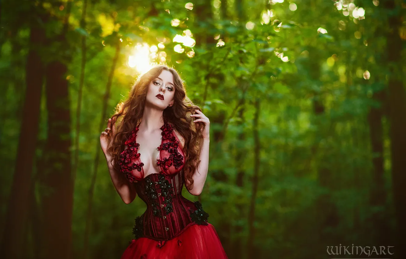 Photo wallpaper forest, girl, nature, pose, style, makeup, costume, outfit