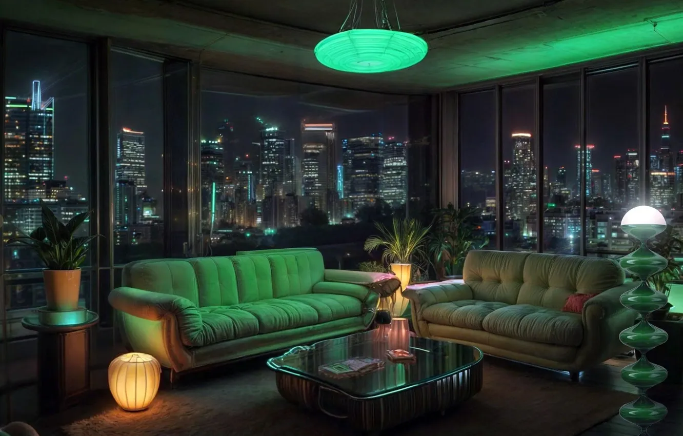 Photo wallpaper design, style, room, interior, megapolis, living room, upholstered furniture, green light