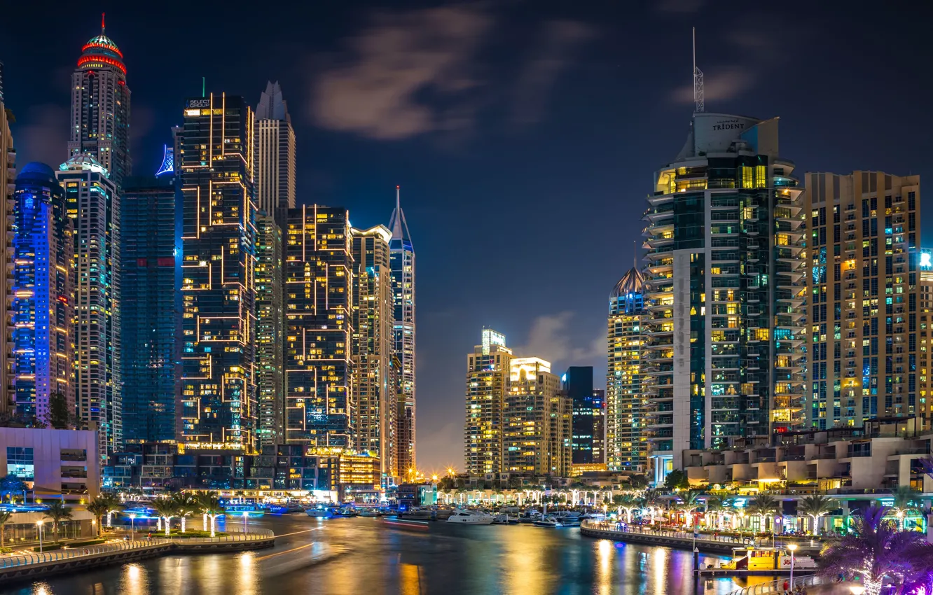 Photo wallpaper building, home, Bay, Dubai, night city, Dubai, skyscrapers, harbour