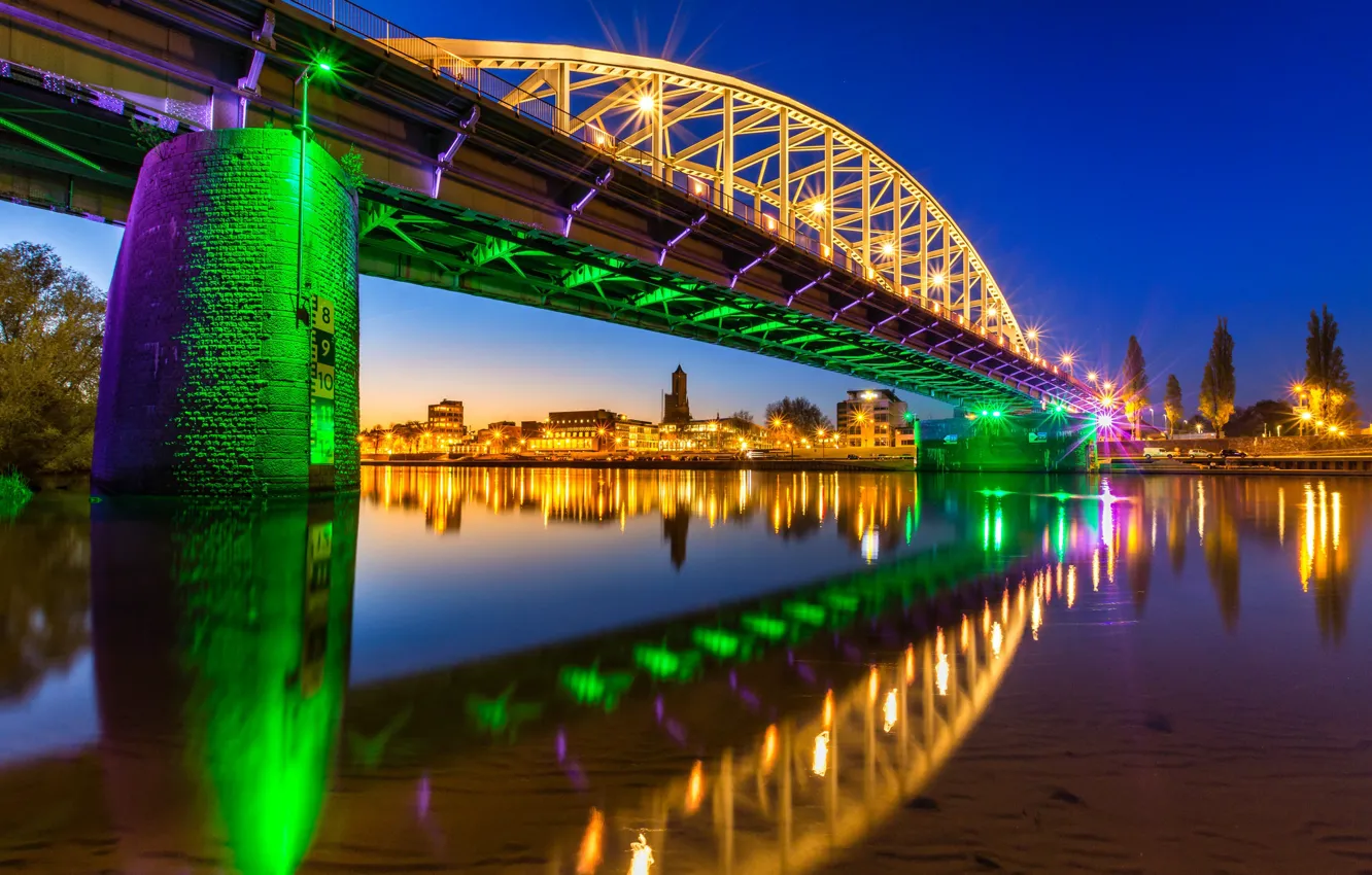 Photo wallpaper night, bridge, lights, Netherlands, Holland, Poveda, Arnhem, John Frost Bridge