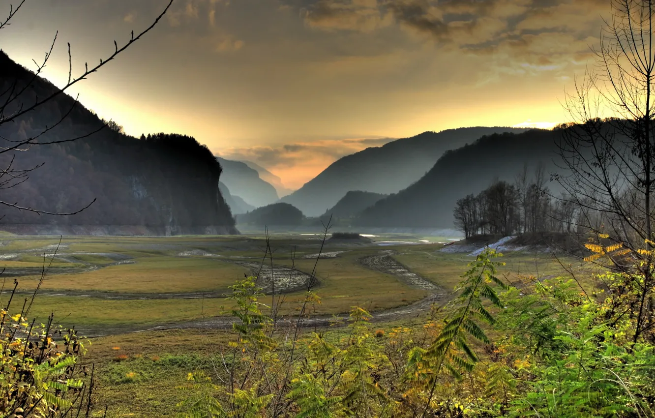 Photo wallpaper mountains, plain, horizon