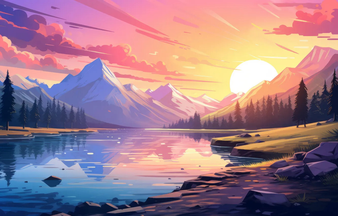 Photo wallpaper forest, the sun, clouds, snow, trees, sunset, mountains, pond