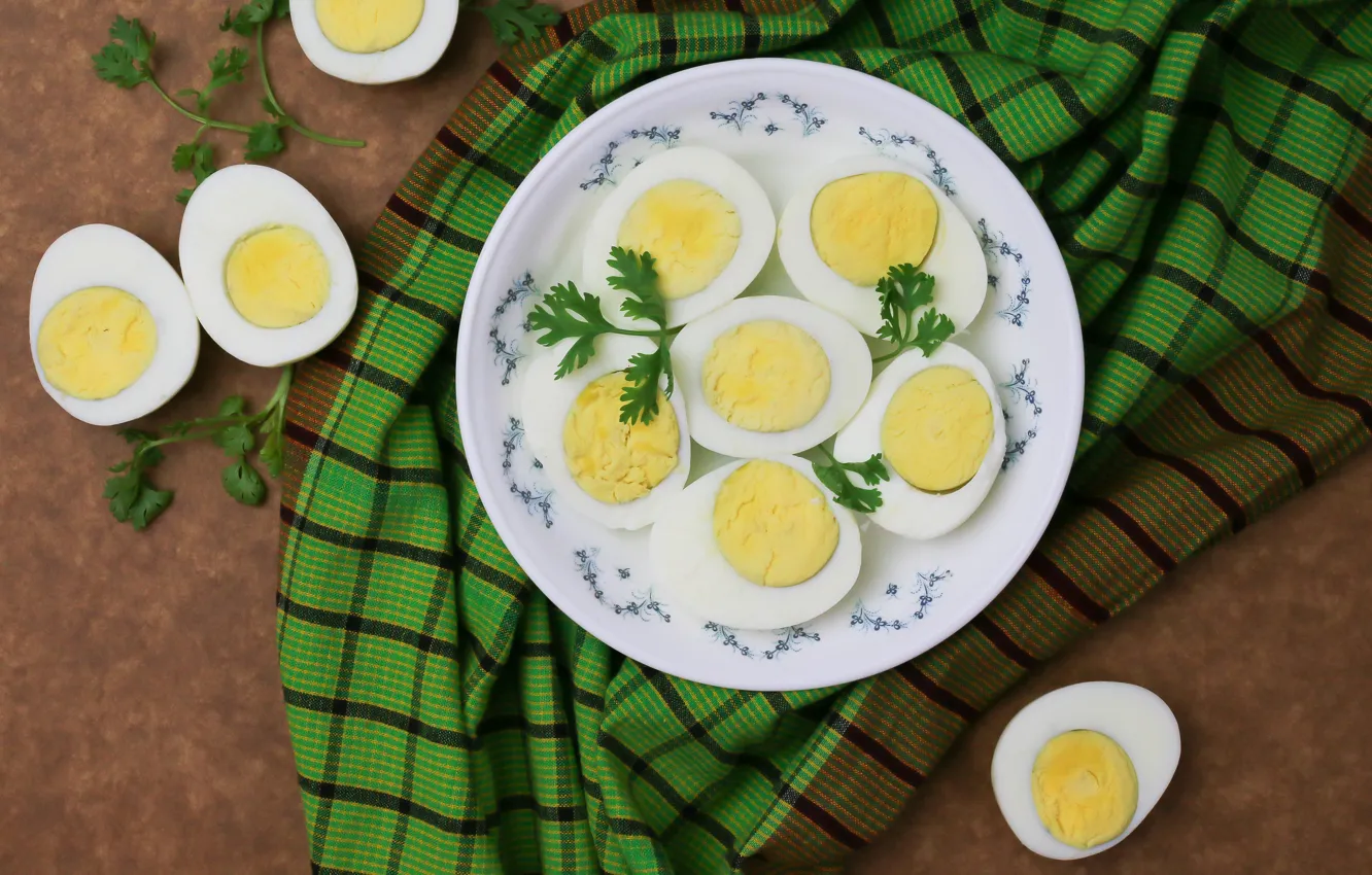 Photo wallpaper eggs, fabric, halves, boiled