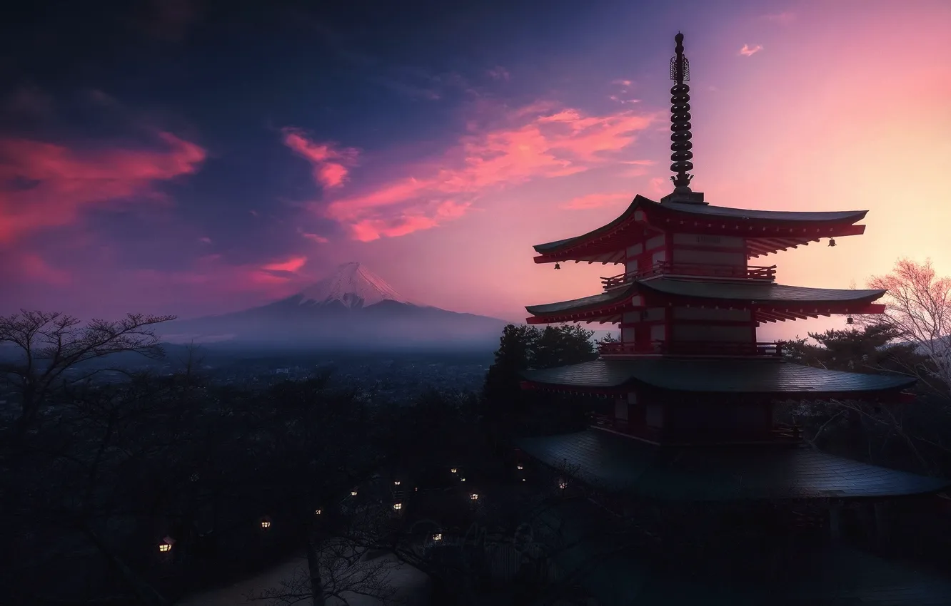 Photo wallpaper light, lamp, the evening, morning, Japan, pagoda, mount Fuji