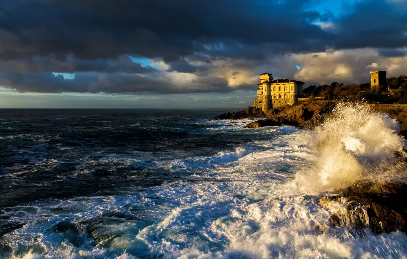 Photo wallpaper sea, wave, clouds, castle, rocks, Italy