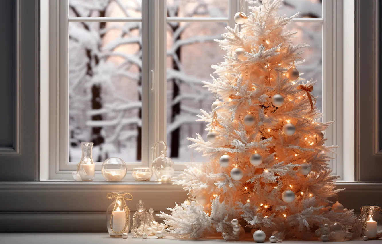 Photo wallpaper winter, snow, decoration, room, tree, new year, interior, Christmas