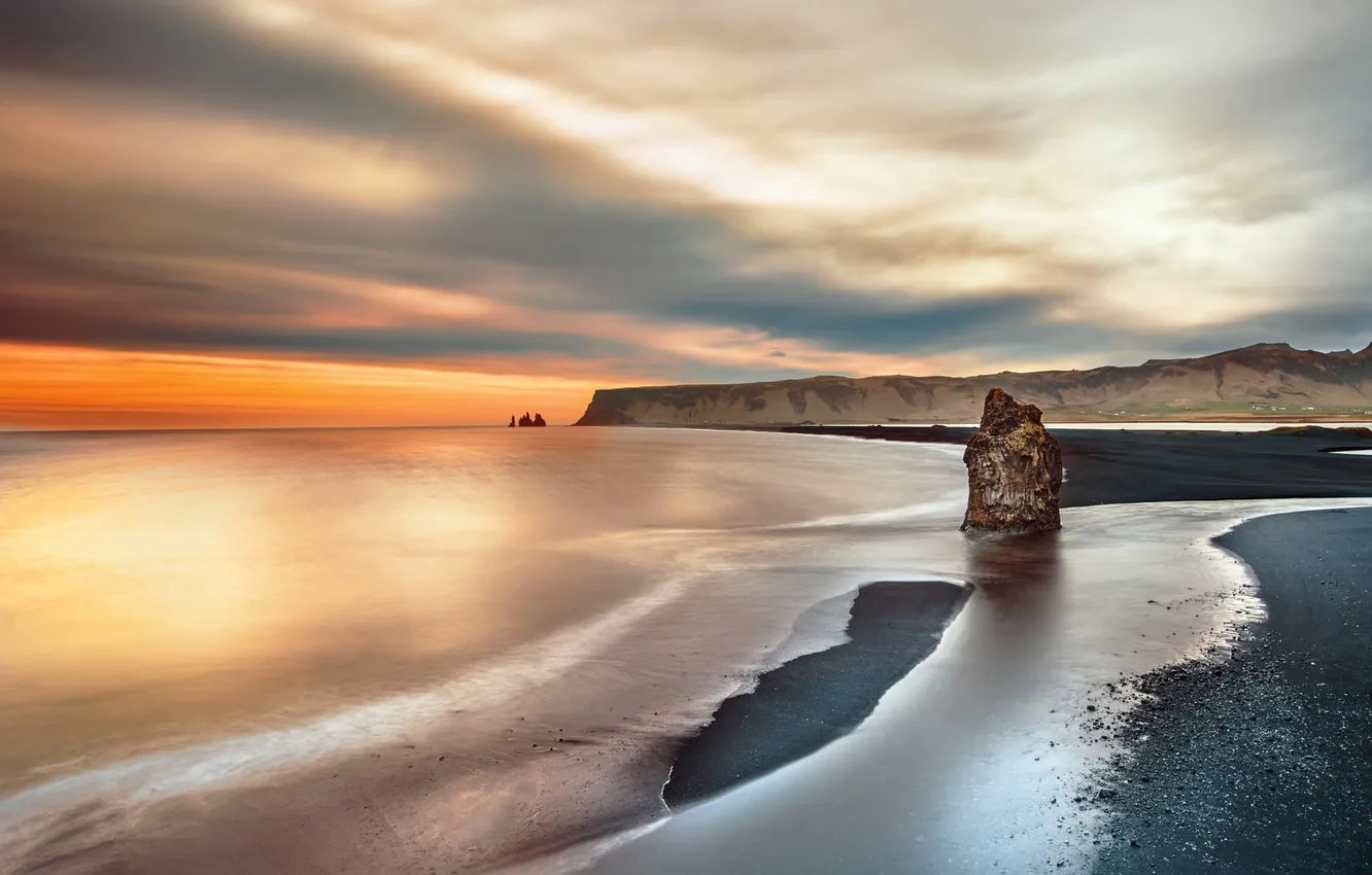 Photo wallpaper sea, wave, beach, the sky, clouds, overcast, rocks, shore