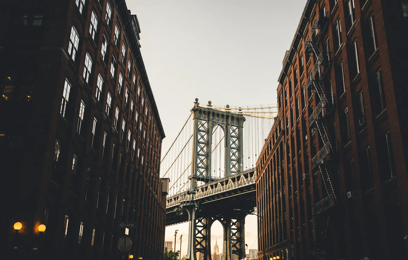 Photo wallpaper bridge, city, the city, street, home, New York, the evening, Brooklyn