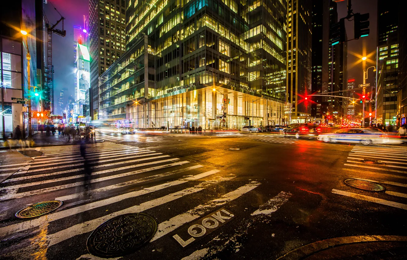 Photo wallpaper road, machine, night, the city, lights, people, New York, excerpt