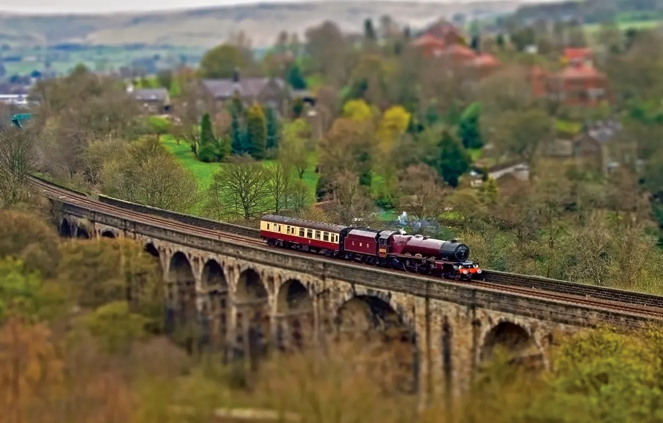 Photo wallpaper autumn, trees, bridge, the way, the engine, cars, railroad, Tilt-Shift