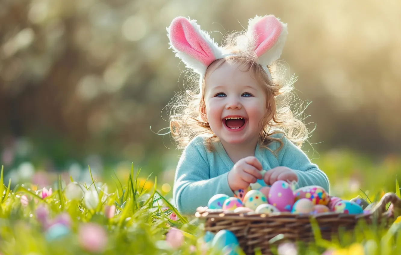 Photo wallpaper grass, children, holiday, glade, eggs, laughter, spring, Easter