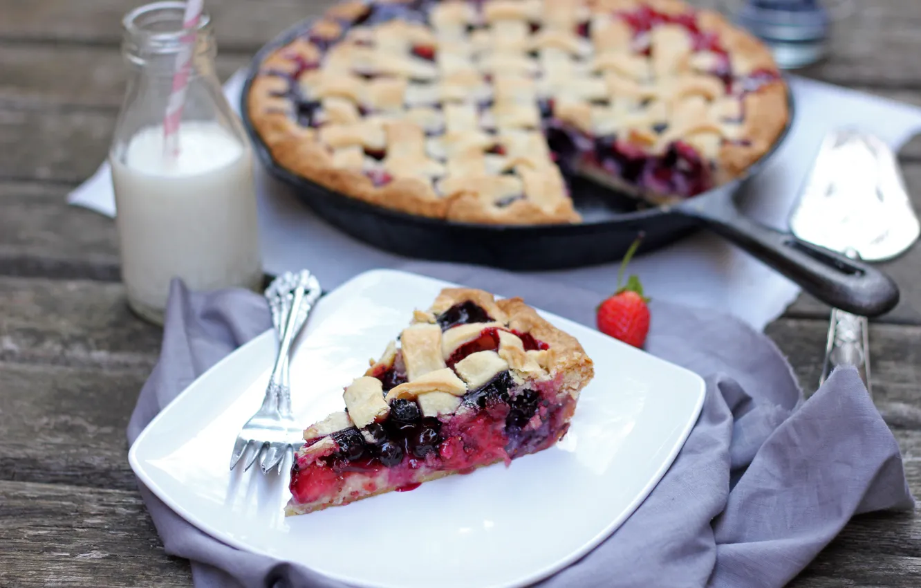 Photo wallpaper berries, milk, plate, pie, currants, cakes