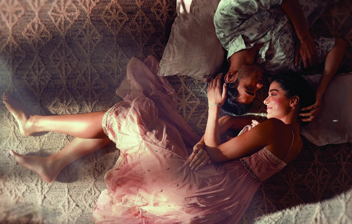 Photo wallpaper girl, light, happiness, smile, pillow, dress, pair, male