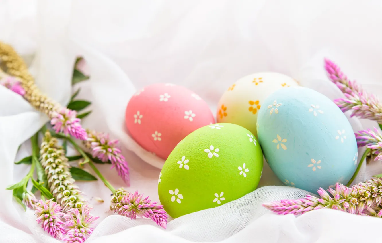 Photo wallpaper flowers, eggs, spring, colorful, Easter, pink, flowers, spring
