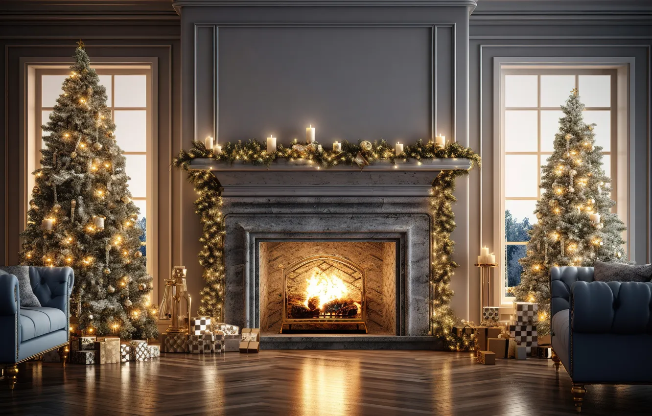 Photo wallpaper decoration, room, gift, tree, new year, interior, Christmas, fireplace