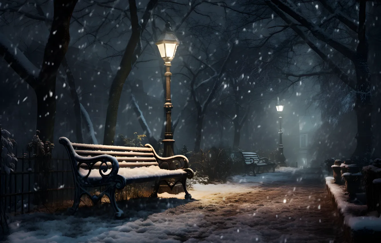 Photo wallpaper winter, snow, trees, bench, night, lights, Park, street