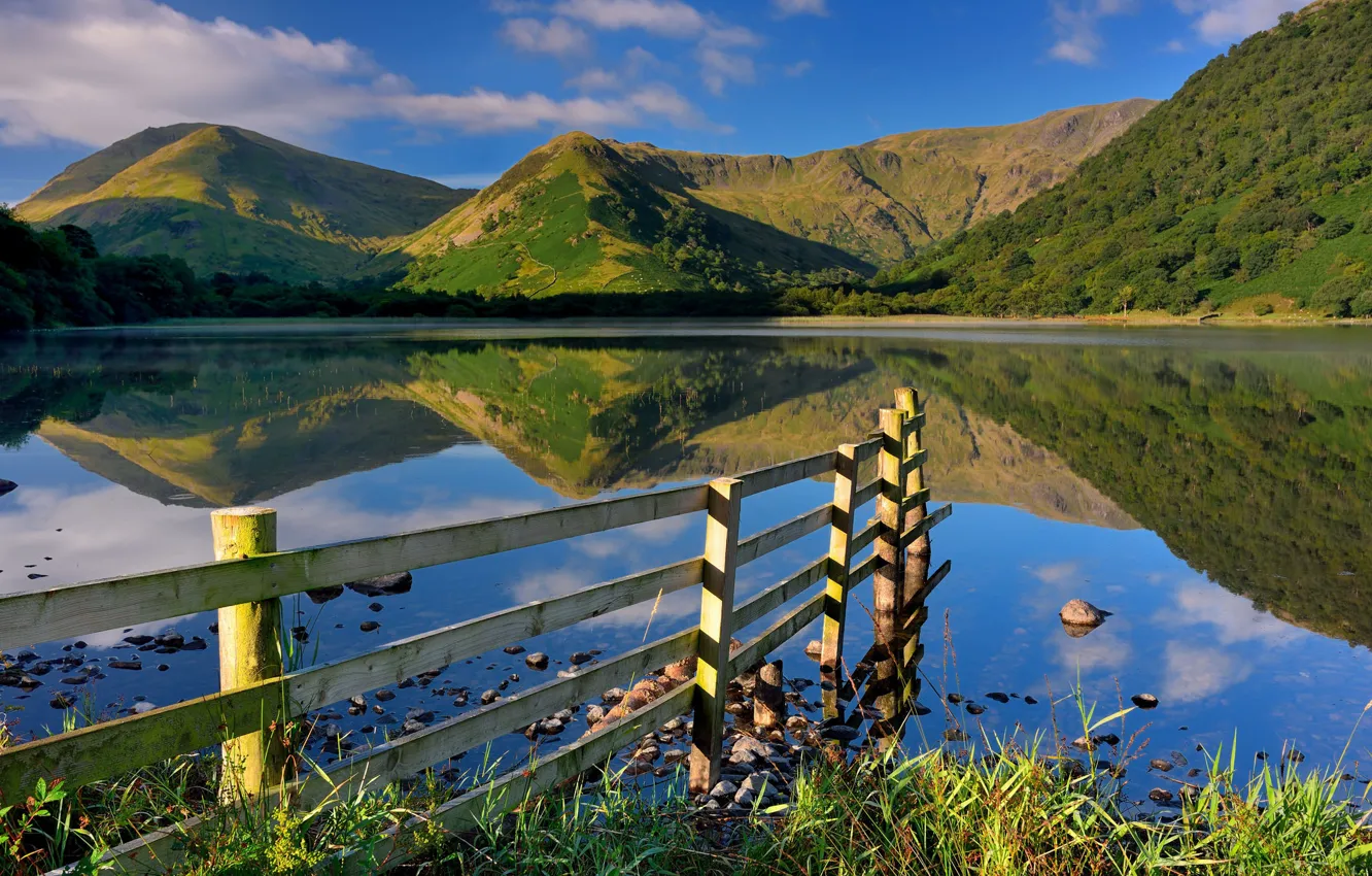 Photo wallpaper summer, grass, clouds, light, mountains, lake, blue, stones