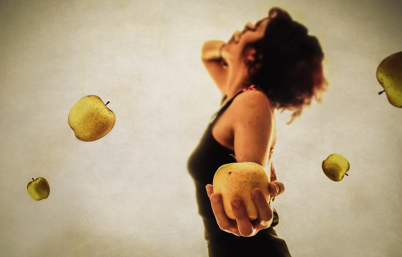 Photo wallpaper girl, background, apples