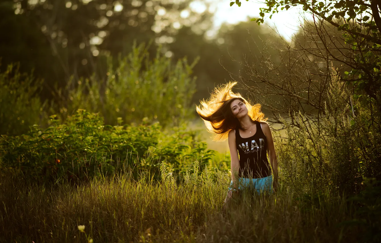 Photo wallpaper field, girl, sunset, Wallpaper