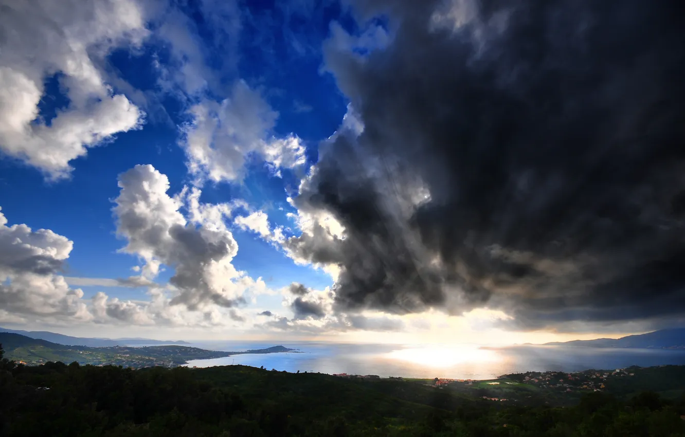 Photo wallpaper sea, the sky, the sun, clouds, rays, landscape, nature, photo