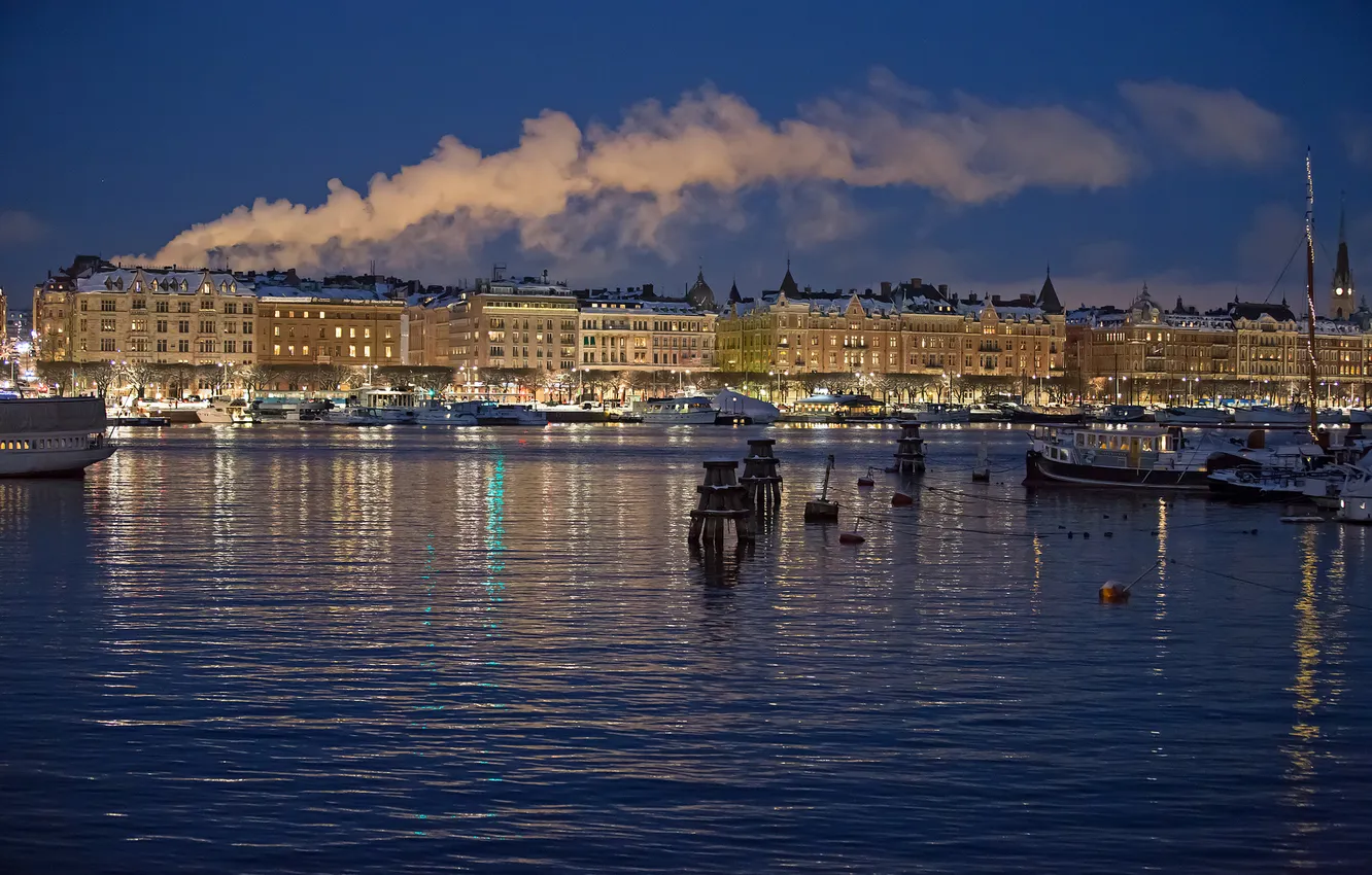 Photo wallpaper the city, building, home, boats, the evening, Stockholm, Sweden, promenade