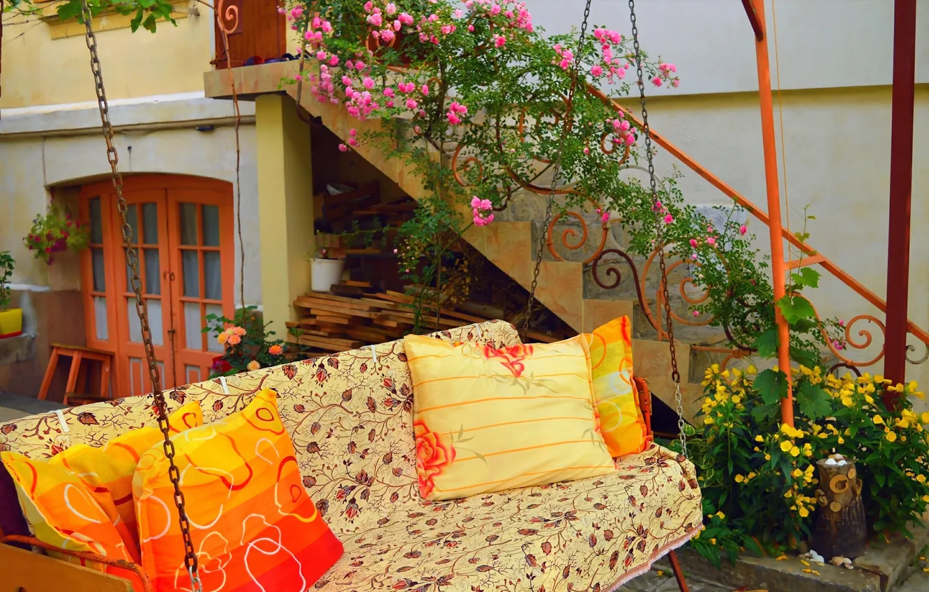 Photo wallpaper Sofa, Flowers, Pillow, Yard