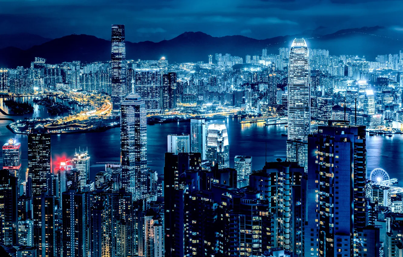 Photo wallpaper night, Hong Kong, skyscrapers, panorama