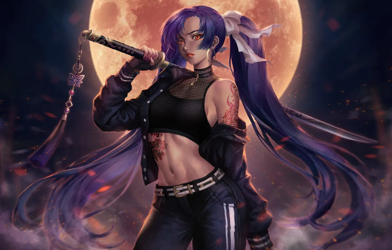 Photo wallpaper girl, night, style, the moon, figure, sword, katana, tattoo